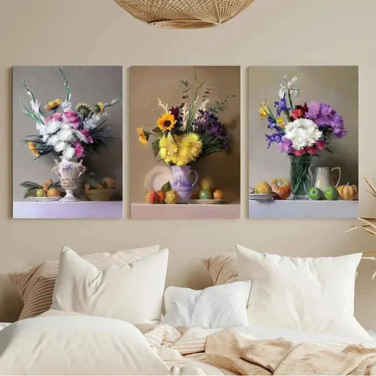 3pcs White Blue Yellow Wildflower Painting Metal Print Ready to Hang Art