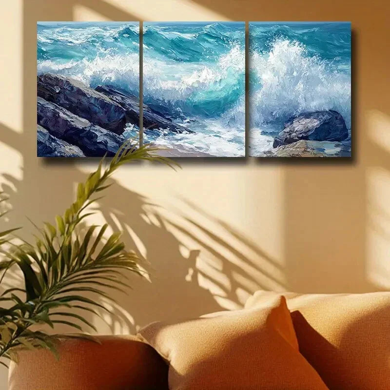 3pcs Ocean Waves Crashing Against Rocks Metal Print Ready to Hang Art
