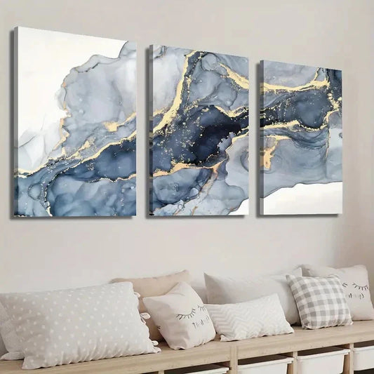 3pcs Blue & Golden Marble Texture Decor Wall Art Set Canvas Framed 40x60cm - High Quality Print 100% Australian Made Wall Canvas Ready to Hang