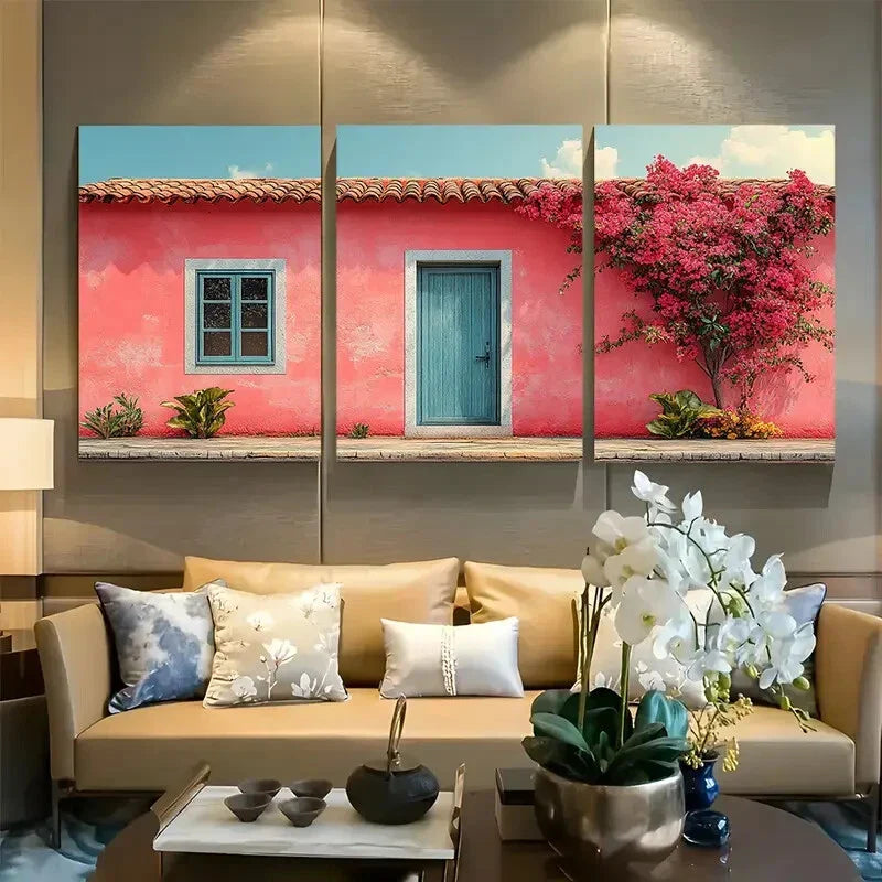 3pcs Botanical Pink Aesthetic House Design Metal Print Ready to Hang Art