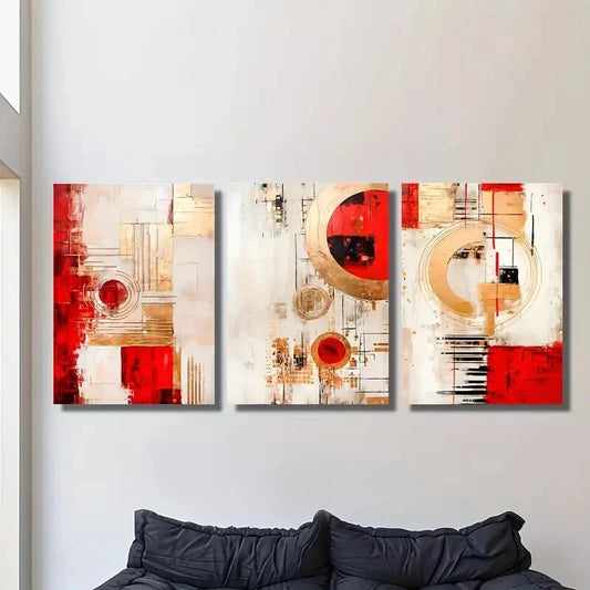 3pcs Red Abstract Geometry Paintings Metal Print Ready to Hang Art