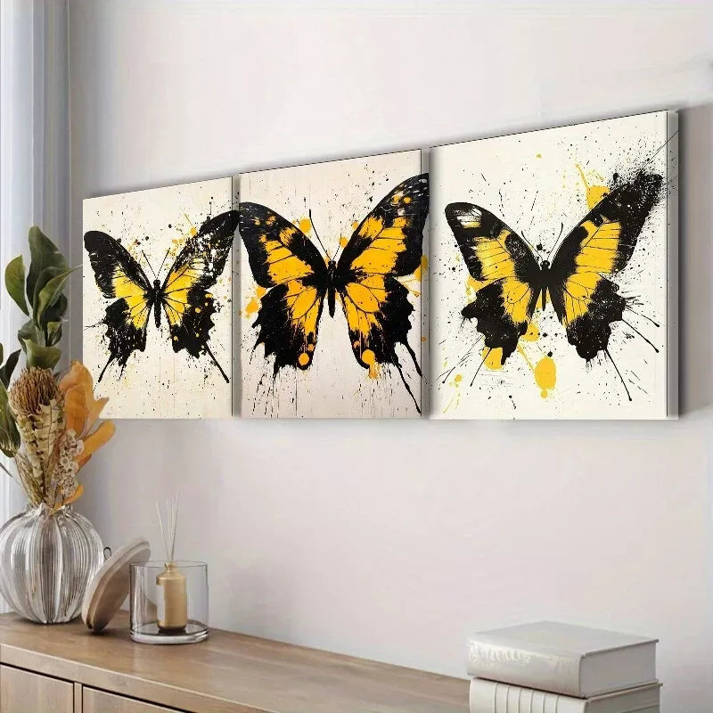 3pcs Black And Yellow Butterflies Colorful  Wall Art Set Canvas Framed 40x60cm - High Quality Print 100% Australian Made Wall Canvas Ready to Hang