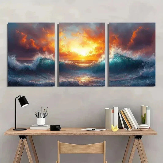 3pcs Abstract Depiction Of Ocean Waves Wall Art Set Canvas Framed 40x60cm - High Quality Print 100% Australian Made Wall Canvas Ready to Hang