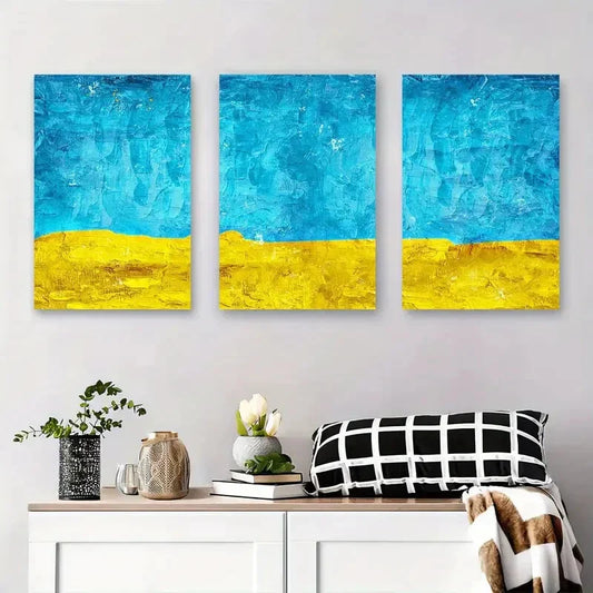 3pcs Blue and Yellow Abstract Minimalist Metal Print Ready to Hang Art