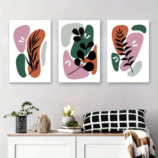 3pcs Abstract Green and Pink Leaf Metal Print Ready to Hang Art