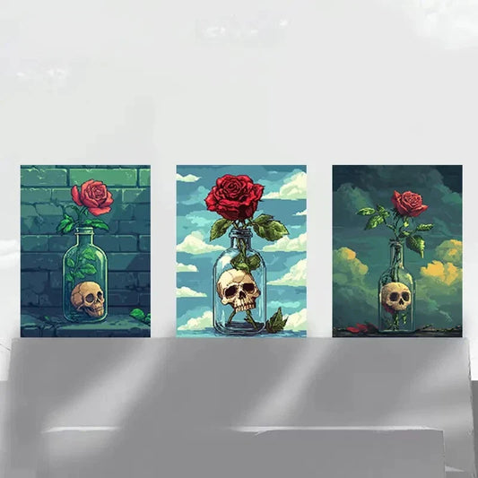 3pcs Skull Rose Vase White Clouds Metal Print Ready to Hang Art