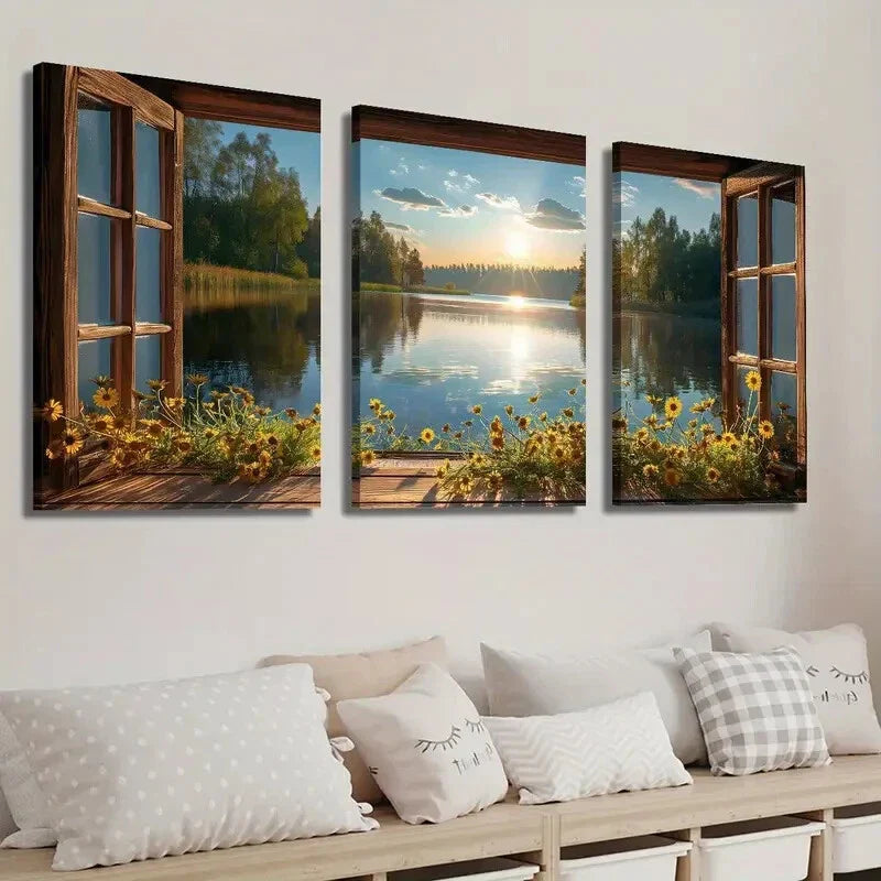 3pcs Flowers and Lake Scenery in the Sunset Wall Art Set Canvas Framed 40x60cm - High Quality Print 100% Australian Made Wall Canvas Ready to Hang