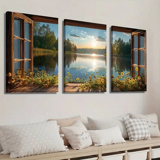 3pcs Flowers and Lake Scenery in the Sunset Wall Art Set Canvas Framed 40x60cm - High Quality Print 100% Australian Made Wall Canvas Ready to Hang