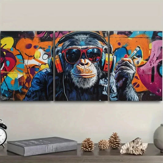 3pcs Vibrant Deco Monkey with Headphones Metal Print Ready to Hang Art