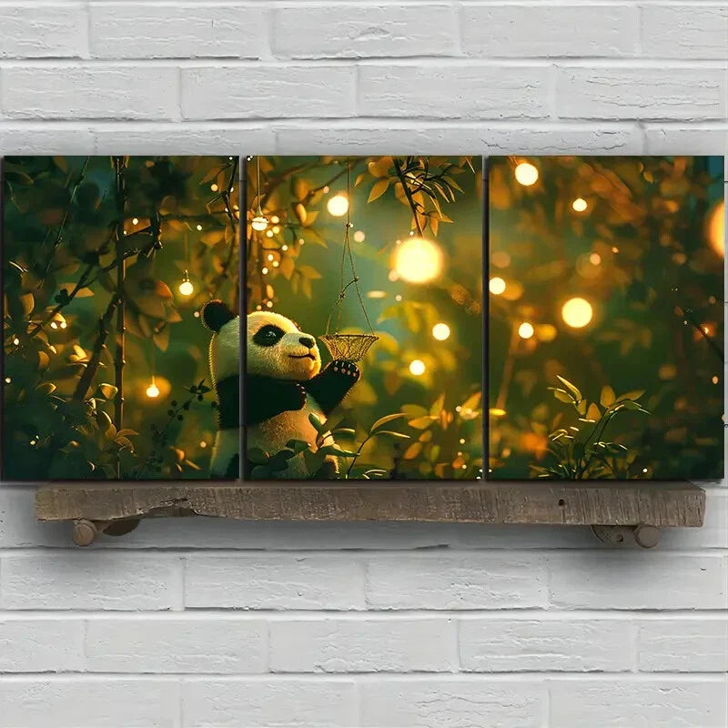 3pcs Cute Panda Stunning Golden Bubbles Metal Print Ready to Hang Art
