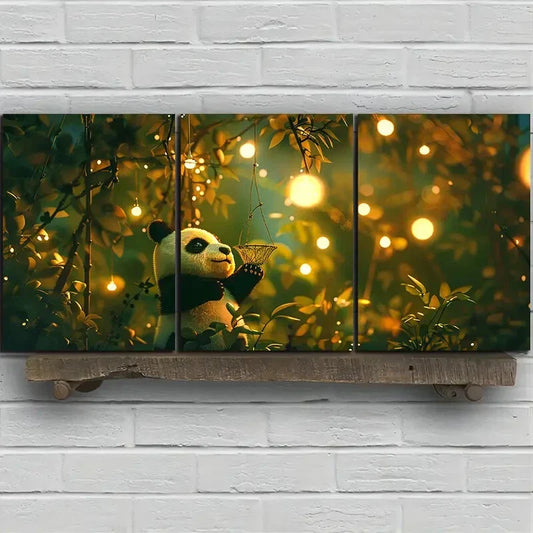 3pcs Cute Panda Stunning Golden Bubbles Metal Print Ready to Hang Art