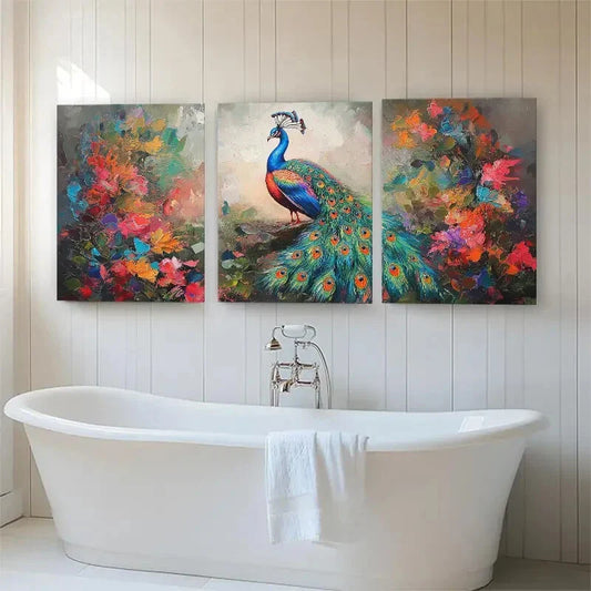 3pcs Colorful Peacock and Floral Plumage Perfect Wall Art Set Canvas Framed 40x60cm - High Quality Print 100% Australian Made Wall Canvas Ready to Hang