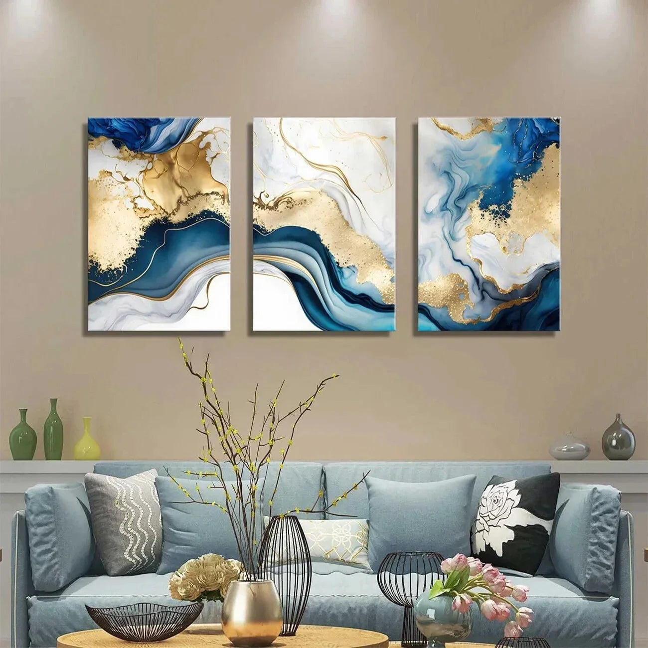 3pcs Abstract Golden White Marble Modern Metal Print Ready to Hang Art