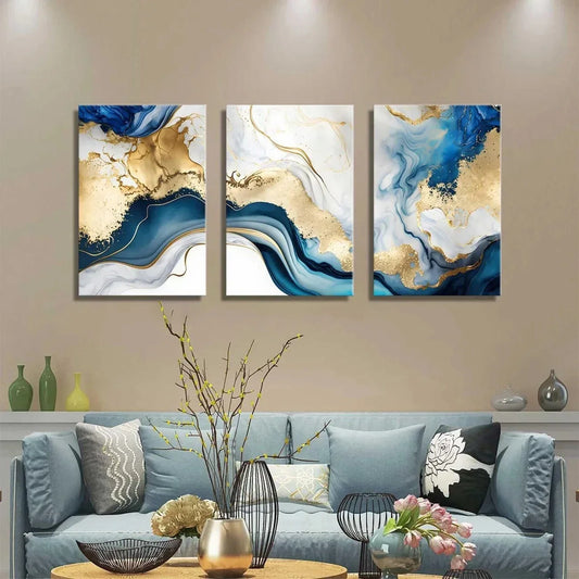 3pcs Abstract Golden White Marble Modern Metal Print Ready to Hang Art