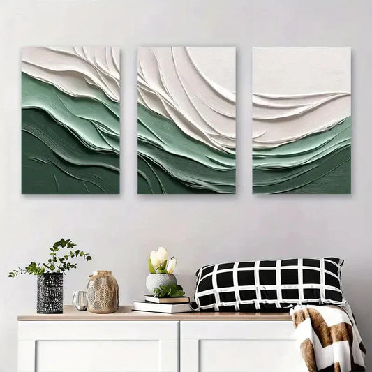 3pcs Modern Abstract Textured Landscape Green Metal Print Ready to Hang Art