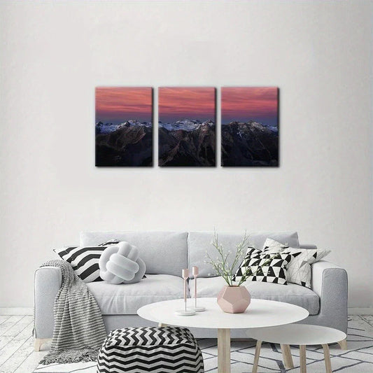 3pcs Mountains in Sunset Glow Painting Metal Print Ready to Hang Art