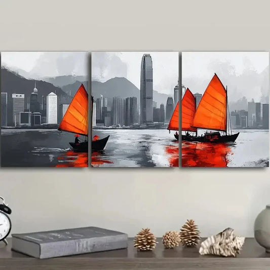 3pcs Featuring The Hong Kong Harbor Metal Print Ready to Hang Art