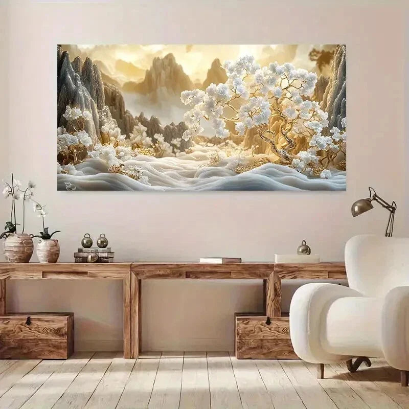 Snowy Peaks White Blossoms wall canvas office home room framed 120x60cm