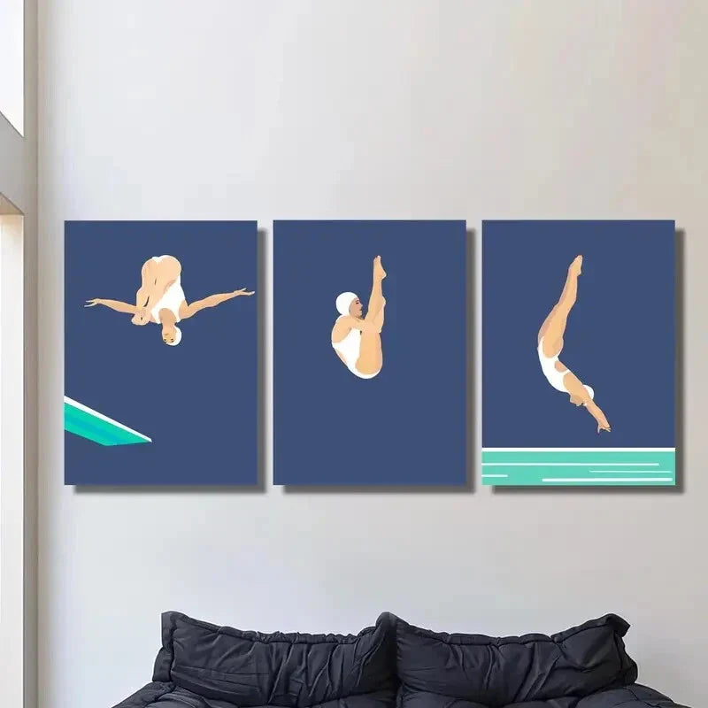3pcs Dynamic Diver Poses in Blue & White Wall Art Set Canvas Framed 40x60cm - High Quality Print 100% Australian Made Wall Canvas Ready to Hang