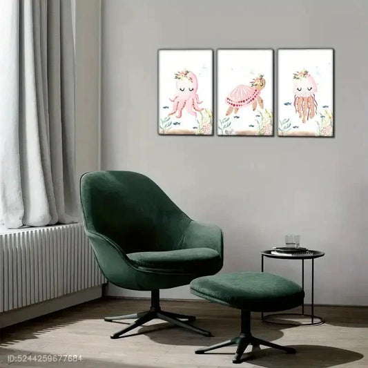 3pcs Underwater Animals Octopus and Turtle Metal Print Ready to Hang Art
