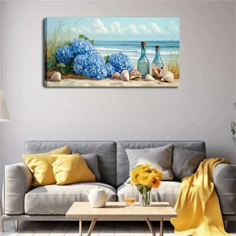 Ocean Scene Hydrangeas Seashell Wall Art Canvas Office Home Room Framed 120x60cm