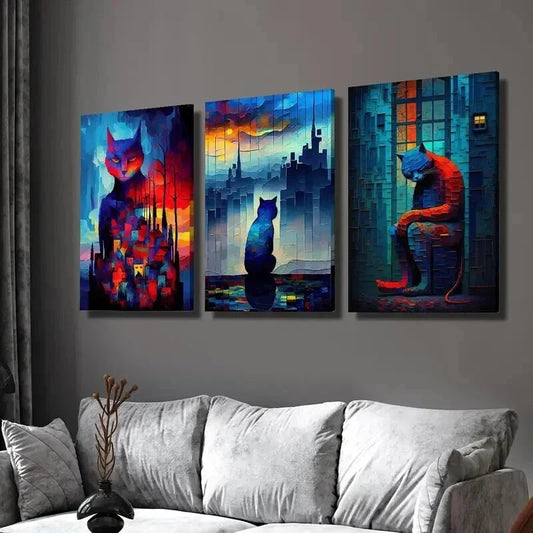 3pcs Lonely Cat Under Fantasy Night Wall Art Set Canvas Framed 40x60cm - High Quality Print 100% Australian Made Wall Canvas Ready to Hang