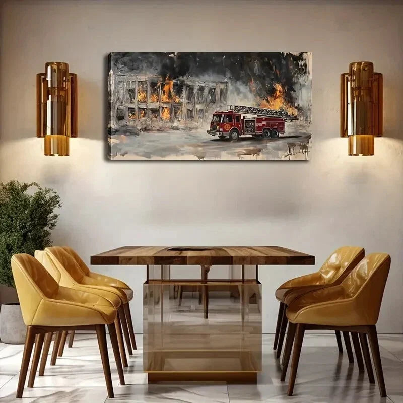 Fire Truck Burning Building Wall Art Canvas Office Home Room Framed 120x60cm