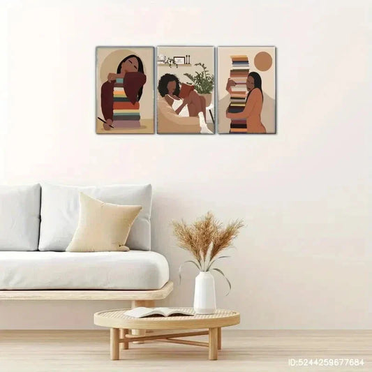 3pcs African American Girl In Her Room With Books Metal Print Ready to Hang Art