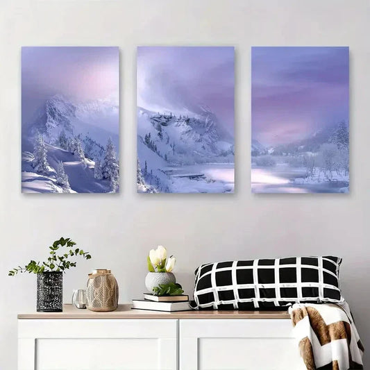 3pcs Winter Wonderland Snowy Mountain & River Metal Print Ready to Hang Art
