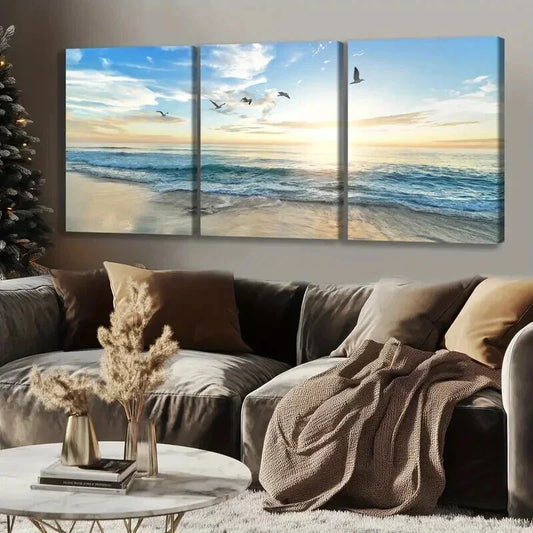 3pcs Modern Beach Sunset with Birds & Waves Wall Art Set Canvas Framed 40x60cm - High Quality Print 100% Australian Made Wall Canvas Ready to Hang