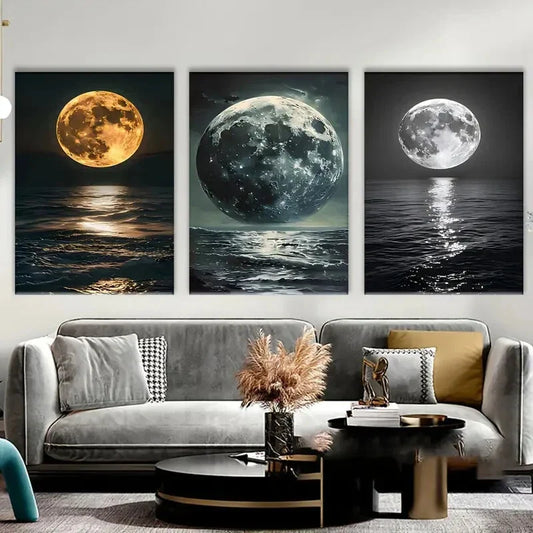 3pcs Golden &amp; Black &amp; White Moon Metal Print Ready to Hang Art
