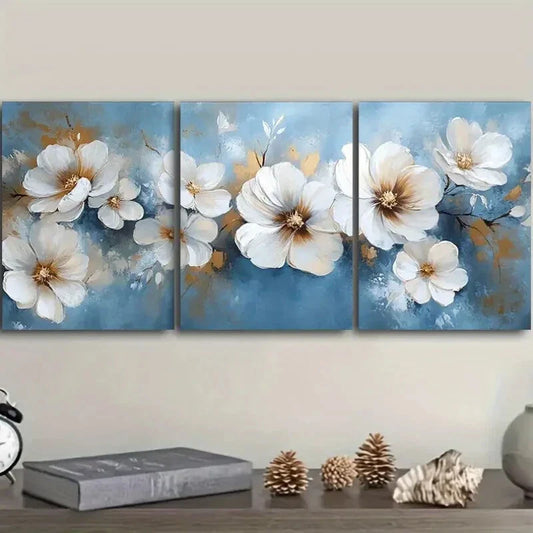 3pcs White Flowers On A Blue Background Metal Print Ready to Hang Art