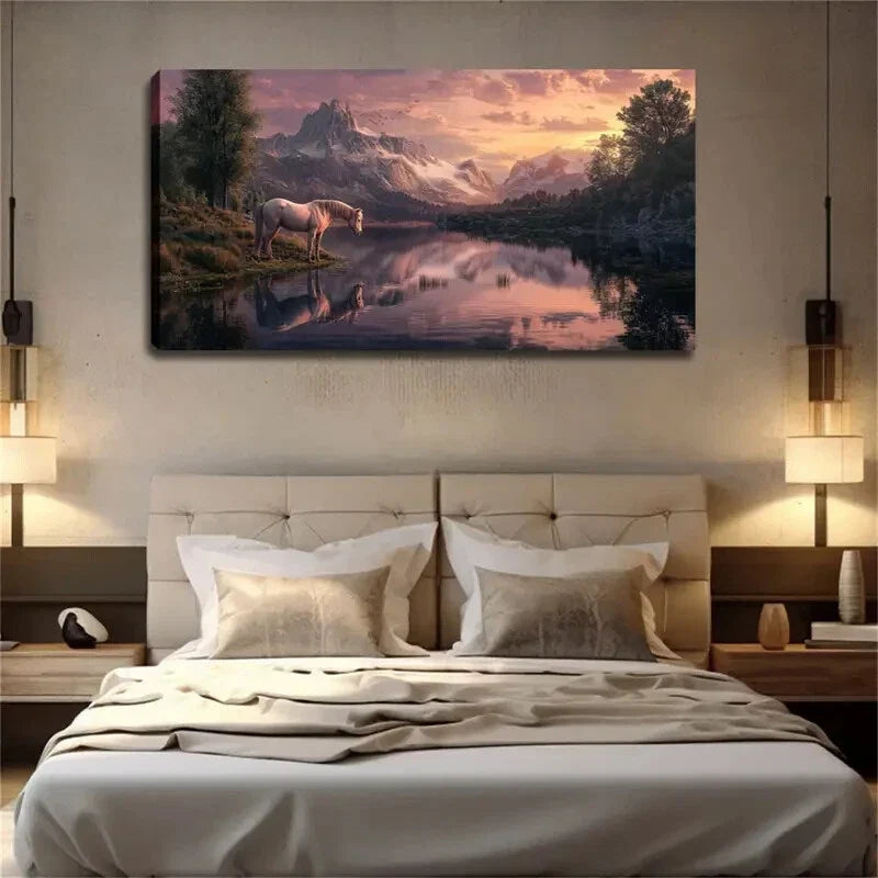 Realistic Mountain Lake Lands Wall Art Canvas Office Home Room Framed 120x60cm