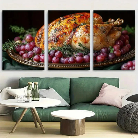 3pcs Ornate Roasted Turkey On The Table Metal Print Ready to Hang Art