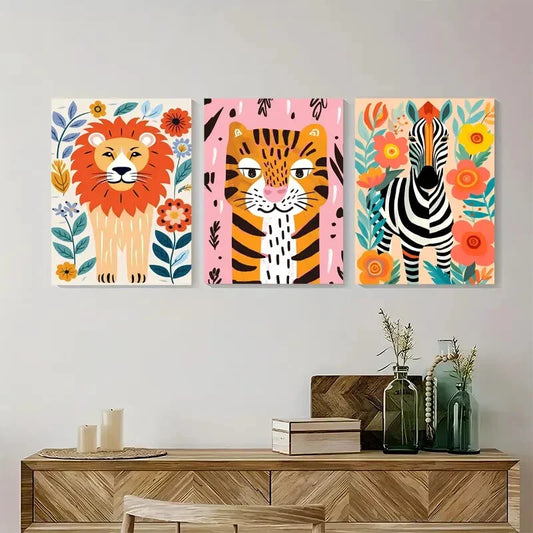 3pcs Cute Animals Modern Unique Painting Metal Print Ready to Hang Art