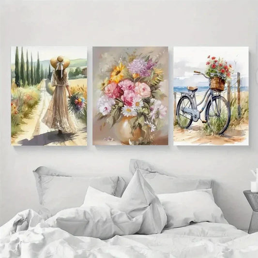 3pcs Pastoral Bicycle Landscape Metal Print Ready to Hang Art
