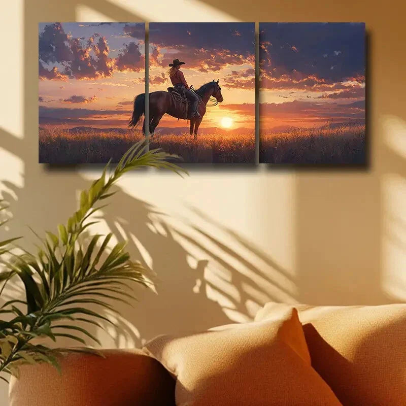 3pcs The Woman on the Prairie at Sunset Metal Print Ready to Hang Art