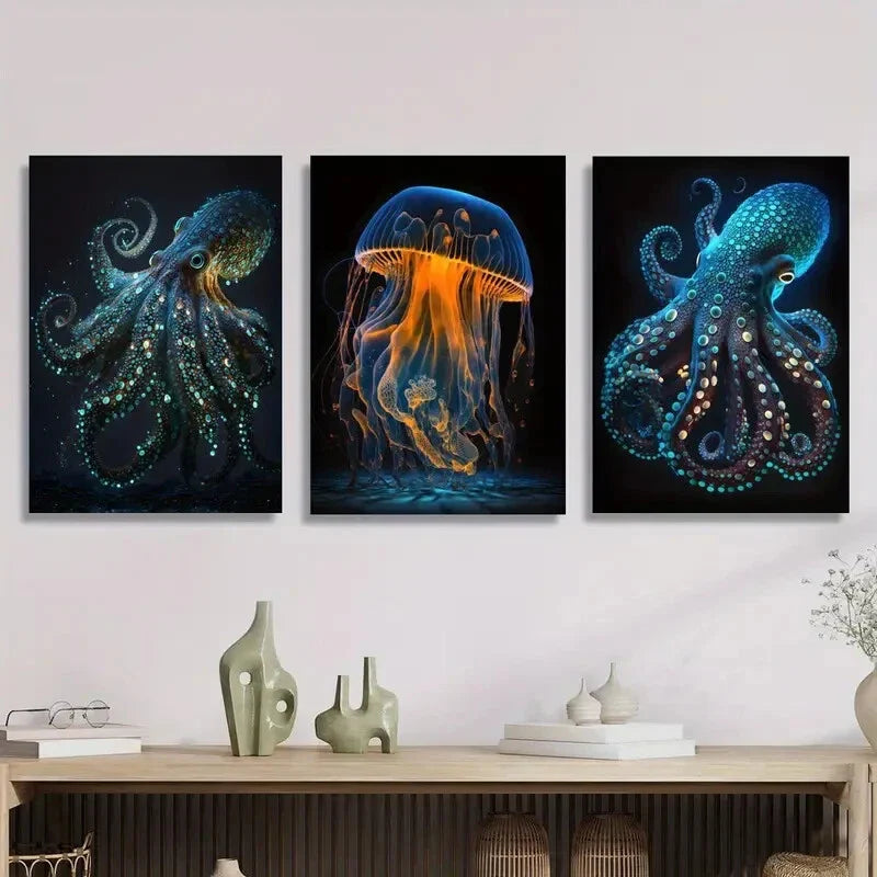 3pcs Glowing Marine Life, Fantasy Animal  Metal Print Ready to Hang Art