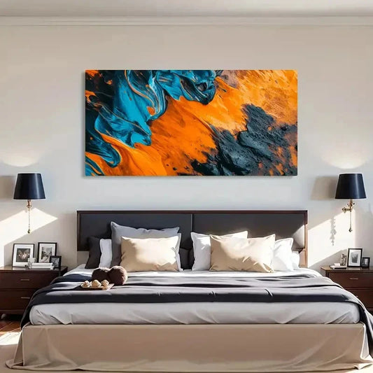 Teal & Orange Swirling Abstract Wall Art Canvas Office Home Room Framed 120x60cm