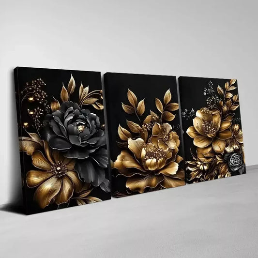 3pcs Beautiful Golden and Black Flower Wall Art Set Canvas  Framed 40x60cm - High Quality Print 100% Australian Made Wall Canvas Ready to Hang