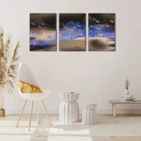 3pcs poster with distant mountains and sailboat, Metal Print Ready to Hang Art
