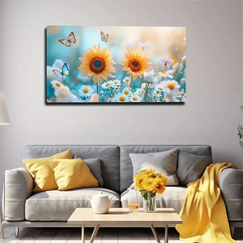 Vibrant Sunflowers Butterflies Wall Art canvas office home room framed 120x60cm