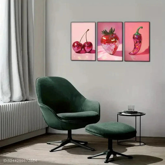 3pcs Tribute to Disco Ball Pepper Cherry Fruit Metal Print Ready to Hang Art