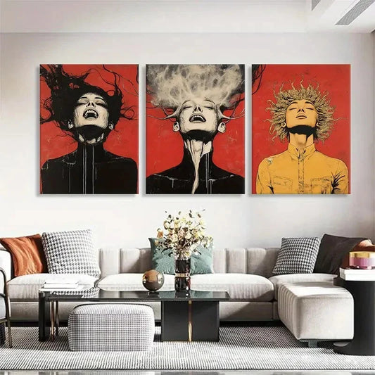 3pcs Dramatic Faces with Surreal Hair Perfect Wall Art Set Canvas Framed 40x60cm - High Quality Print 100% Australian Made Wall Canvas Ready to Hang