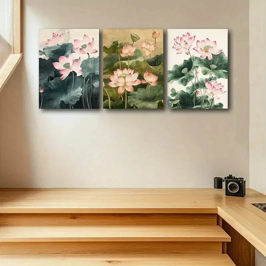 3pcs Pink Lotus Flower with Greenery Metal Print Ready to Hang Art