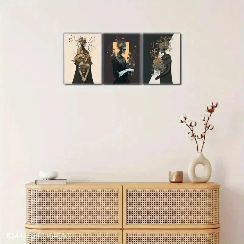 3pcs Evil Character Skull Skeleton with Floral Metal Print Ready to Hang Art
