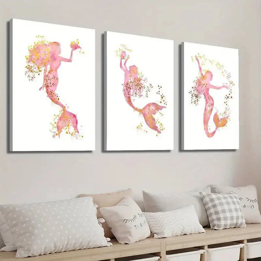 3pcs Pink and Golden Mermaid Wall Art Set Canvas Framed 40x60cm - High Quality Print 100% Australian Made Wall Canvas Ready to Hang