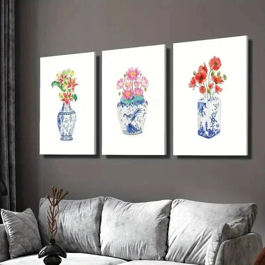 3pcs Watercolor Flowers in Chinoiseries Vase Wall Art Set Canvas Framed 40x60cm - High Quality Print 100% Australian Made Wall Canvas Ready to Hang