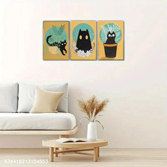 3pcs Black Cat and Plant Art Canvas Posters Metal Print Ready to Hang Art
