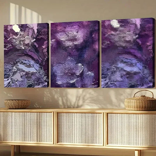 3pcs Purple Flower Abstract Elegant Artistic Wall Art Set Canvas Framed 40x60cm - High Quality Print 100% Australian Made Wall Canvas Ready to Hang